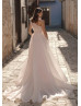 One Shoulder Light Pink Organza Lace Dreamy Wedding Dress